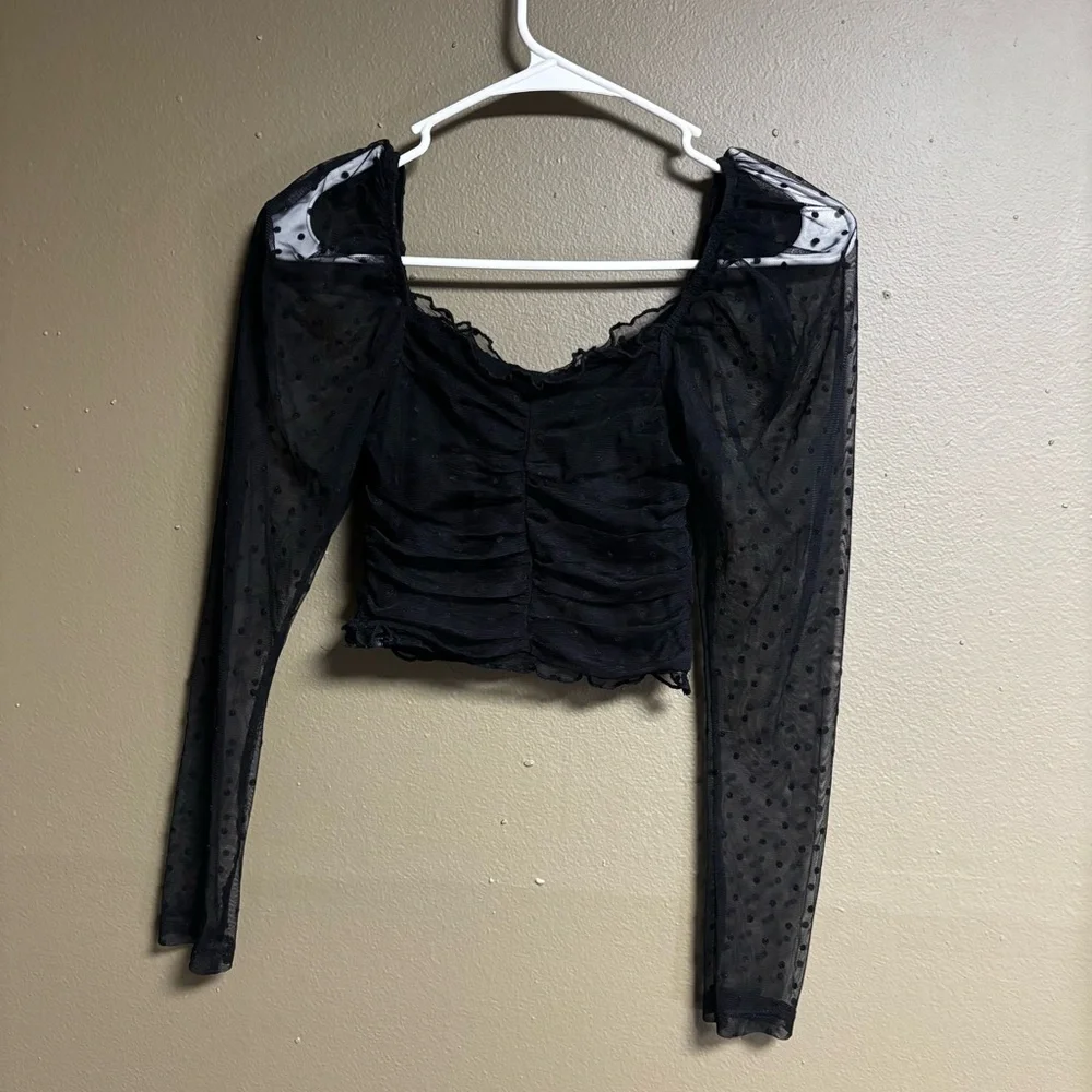 Divided Black Tulle / Lace Velvet Polka Dot Rouched Long Sleeve Crop Top size XS